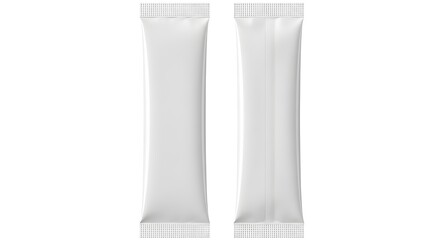 Two plain white vertical sachets, sealed at both ends, ideal for single-use packaging.