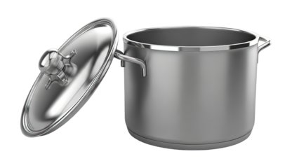 Shiny stainless steel cooking pot with a lid slightly ajar on a white background studio shot