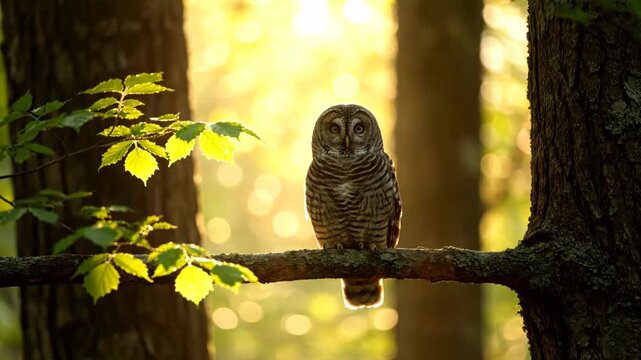 Owl Perched on Branch in Forest at Sunset.