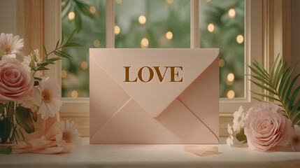 Love Letter in Bloom: A delicate, pastel-hued love letter rests amidst a collection of soft pink flowers, embodying a sense of gentle romance and heartfelt emotion.