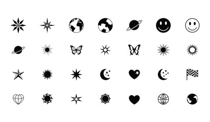 Collection of black and white vector icons including celestial bodies, nature elements, and symbols on a white background © AIGen Studio