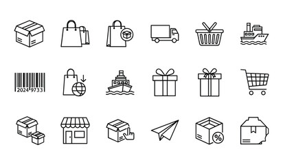 Shipping and E-commerce Icons Including Delivery Truck and Shopping Cart cardboard box shopping bag