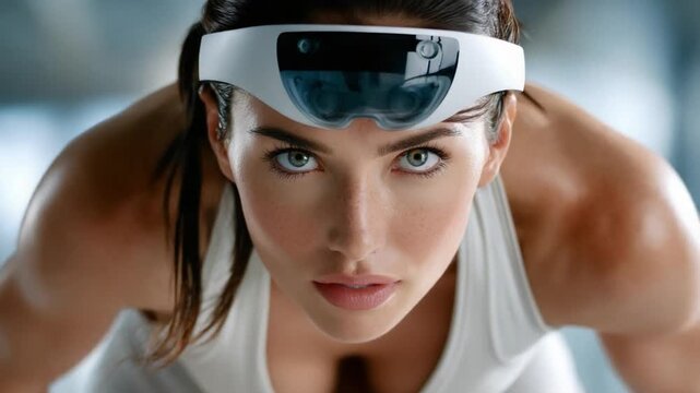 Mind-Machine Interface: A woman gazes intently, poised with determination, wearing an advanced headset, showcasing cutting-edge brain-computer technology.