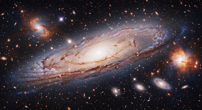 深遠な宇宙の闇に広がる巨大な渦巻銀河が眩い光を放ち中心から美しく輝く腕には数えきれない星々が鮮やかに散らばり壮大な宇宙の芸術が広がる. AI Generated