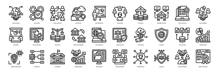 Governance Management icon collection line style. containing Digital Diplomacy, Audit Process, Global Connection, Cloud Archive, Data Presentation, Team Network, Data Center, Government Network