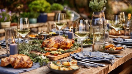 Fototapeta premium Rustic Outdoor Dining Table Set with Delicious Roasted Chicken and Elegant Table Decor Surrounded by Fresh Herbs and Candles