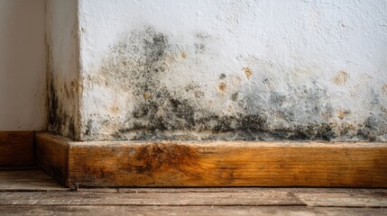 Mold and Dampness on Interior Wall Near Wooden Floor Caused by Moisture Damage
