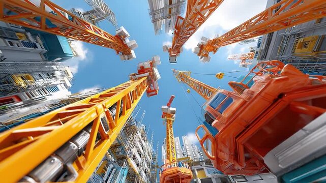City's Construction Symphony: A dramatic upward perspective showcases a cityscape bustling with towering cranes, painting a picture of relentless urban development against a brilliant sky.