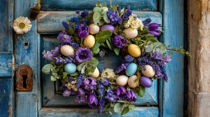 Colorful Easter Wreath with Spring Flowers and Decorative Eggs on Rustic Door
