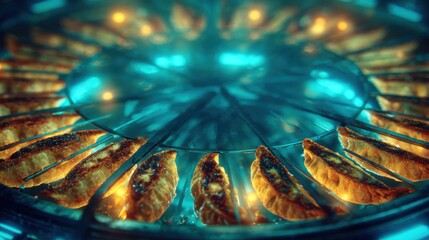 Delicious Golden Dumplings Arranged in Circular Pattern Under Soft Blue Light in Modern Cooking Equipment