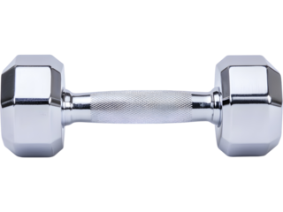 Shiny chrome fitness dumbbell isolated on transparent background. Ideal for gym concepts, strength training visuals, and healthy lifestyle designs.