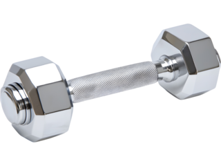 Shiny chrome fitness dumbbell isolated on transparent background. Ideal for gym concepts, strength training visuals, and healthy lifestyle designs.