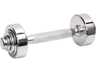 Shiny chrome fitness dumbbell isolated on transparent background. Ideal for gym concepts, strength training visuals, and healthy lifestyle designs.