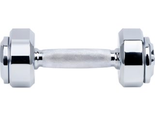 Shiny chrome fitness dumbbell isolated on transparent background. Ideal for gym concepts, strength training visuals, and healthy lifestyle designs.