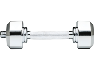 Front view of chrome dumbbell with textured grip, isolated. Suitable for fitness branding, workout illustrations, and sport promotions.