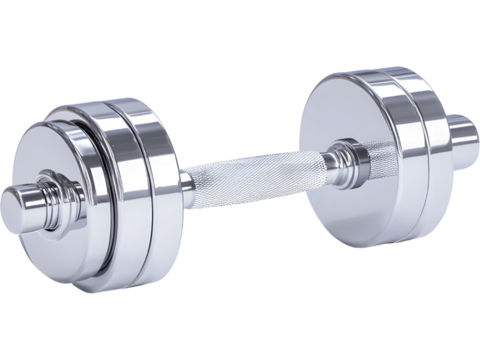 Shiny chrome fitness dumbbell isolated on transparent background. Ideal for gym concepts, strength training visuals, and healthy lifestyle designs. - Powered by Adobe