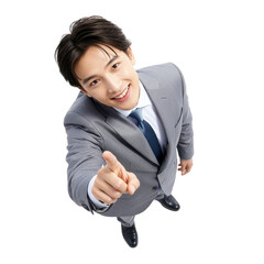 あなたを指さすスーツ姿の若いビジネスマン（俯瞰・切り抜き・コピースペース・白バック）