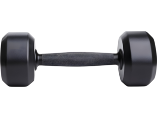 Adjustable black dumbbell with plates, isolated. Suitable for professional training, bodybuilding, and strength workout concepts.