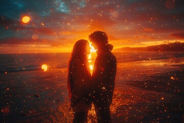 A couple shares a tender moment in silhouette during a stunning sunset over the ocean, complete with a starry sky.