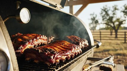 Delicious Smoked Ribs on a Grill with a Thermometer in an Outdoor Setting Ready for Barbecue Season
