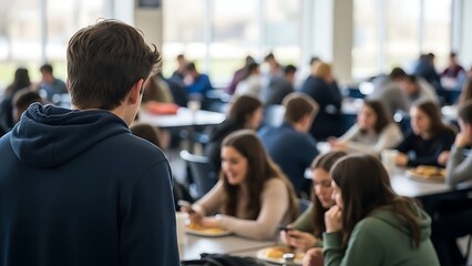 Young Man Standing in Modern Classroom with Students Using Laptops and Tablets