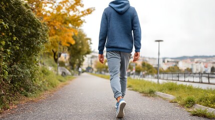 Man is walking down a path in a park. He is wearing a blue hoodie and gray pants. The scene is peaceful and calm, with trees lining the path and a bench nearby. The man is enjoying his walk