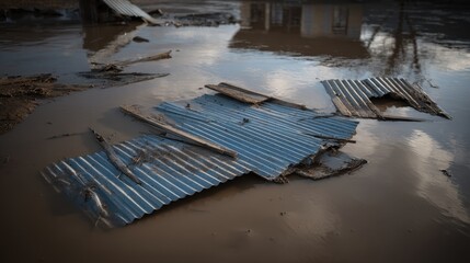 Corrugated Metal Sheets Submerged in Floodwater After a Storm