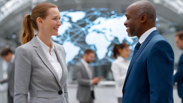 Corporate Dialogue: Two business professionals in suits engage in a focused and respectful conversation, the backdrop of a global map suggesting a broad international scope.