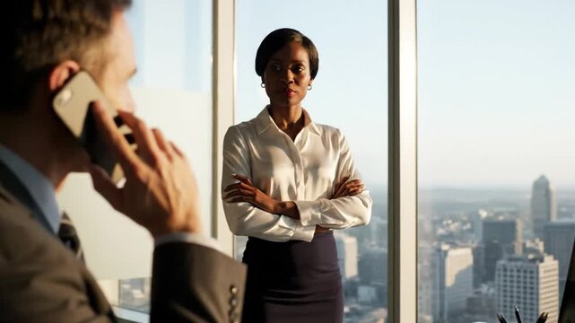 Business partners strategizing on a phone call as woman looks on with a smile in office with a city view
