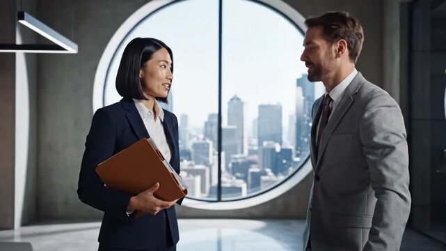 Businesswoman discusses data results with male colleague, pointing towards city view out of a circular window