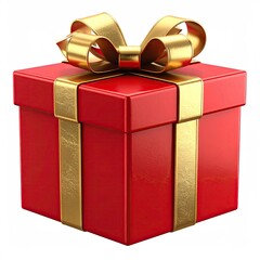 A festive red gift box adorned with a shiny gold bow