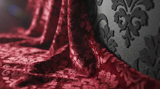 Luxurious burgundy velvet fabric draped next to black embossed damask wall, elegant interior background