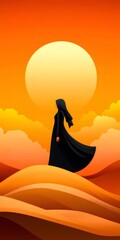 Muslim woman silhouette in desert setting illustration