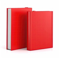 Two blank red books, one standing, other leaning, on a white background