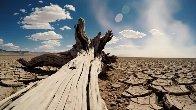 Low Angle Shot of Cracked Earth Landscape With Sun Bleached Tree Against Blue Sky