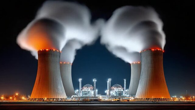 Power Plant at Night: A striking view of a power plant at night, smoke billowing from its towering stacks against the night sky, illuminated by an orange glow from within.
