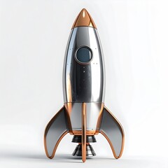 Shiny silver and bronze rocket on white background, ready for launch