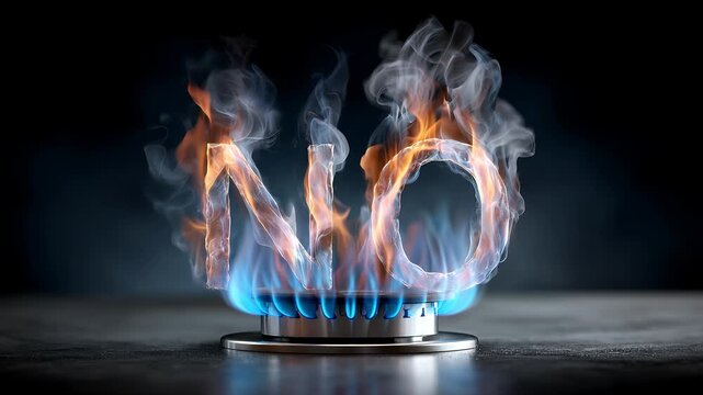 Gasherd mit brennender Flamme formt das Wort NO