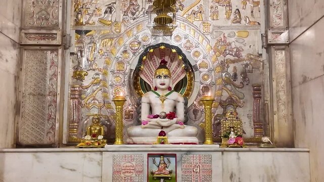 Interior of Jain Mandir with Intricate Karigari &ndash; Beautifully Carved Pillars, Sacred Tirthankar Idols, and Traditional Indian Temple Architecture Showcasing Spiritual Art and Cultural Heritage
