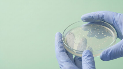 Gloved hands petri dish bacterial colonies laboratory research scientist culture observation sterile technique