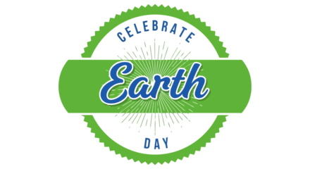 Celebrate Earth Day graphic with sunburst and green badge