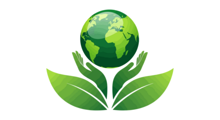 Green earth held gently by hands and leaves, symbolizing environmental care and sustainability