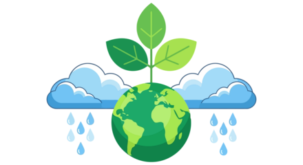 Green planet earth with growing leaves and rain clouds symbolizing environmental care