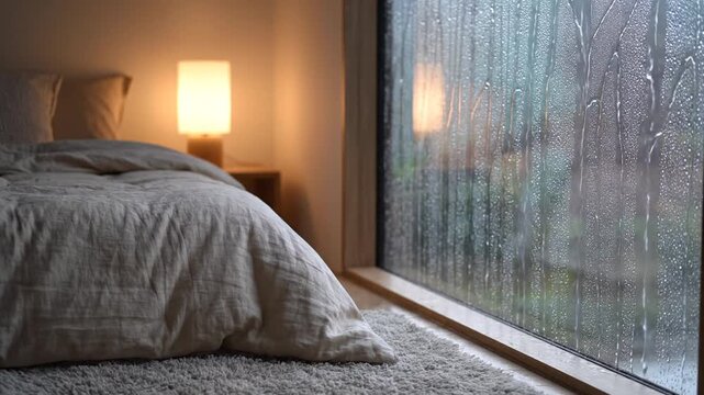 Cozy bedroom with dim lamp, rumpled duvet, rain-streaked window, and warm shadows across rug. soft!!