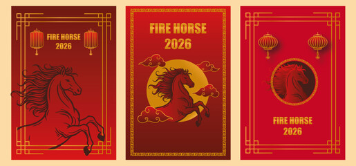 template set fire horse year. Chinese new year design template with red and gold color. Vector base design.