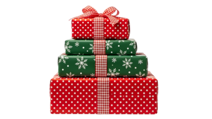 Stack of wrapped christmas presents with ribbons and bows on white isolated on transparent background