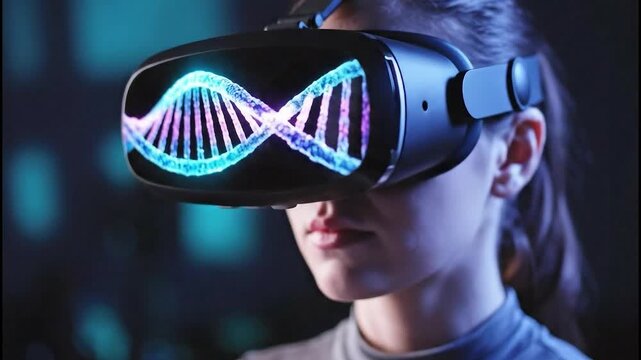 Close-up of a person utilizing a VR headset to visualize a glowing blue 3D DNA double helix structure, representing advancements in medical research and biotechnology.
