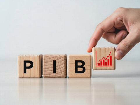 A hand placing a wooden block with a graph on pib blocks on a white surface
