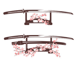 japanese katana blade put on horizontal display stand among sakura flower branches - unsheathed samurai sword with scabbard spring season vector design