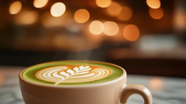Hot Matcha Latte with Detailed Foam Art and Warm Bokeh Background